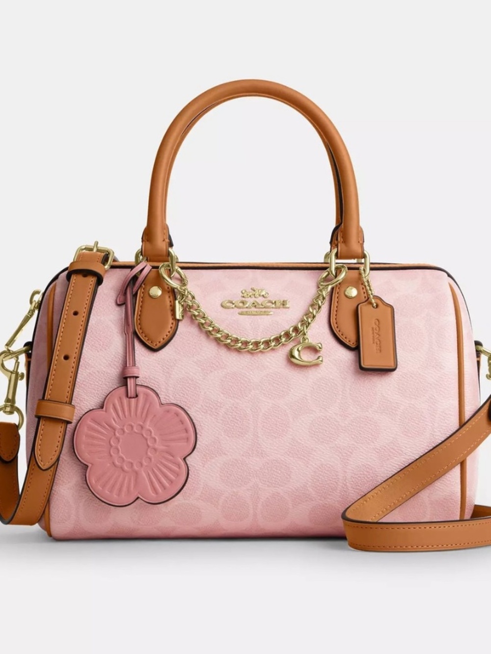 COACH Powder Pink Rowan Bag with Charms Tea Rose Charm NEW